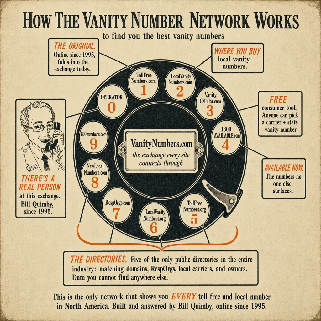 The vanity number network laid out as a rotary telephone dial. Center: VanityNumbers.com. Position 1: TollFreeNumbers.com. Position 2: LocalVanityNumbers.com. Position 3: VanityCellular.com. Position 4: 1800AVAILABLE.com. Positions 5-9: the five directories (TollFreeNumbers.org, LocalVanityNumbers.org, RespOrgs.com, NewLocalNumbers.com, 800numbers.com). Position 0: OPERATOR, with a portrait of Bill Quimby. Built by Bill Quimby, online since 1995.